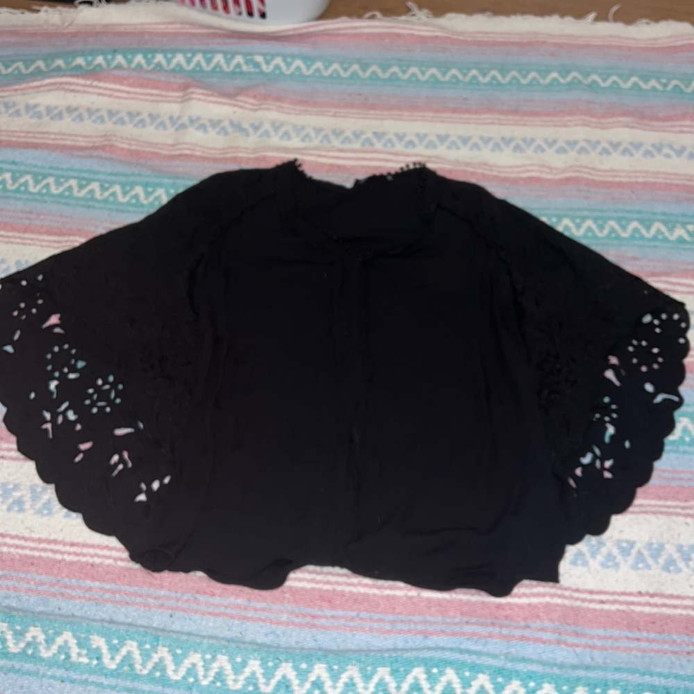 Kobi Halperin black silk bat sleeve blouse with embroidery and cutout pattern